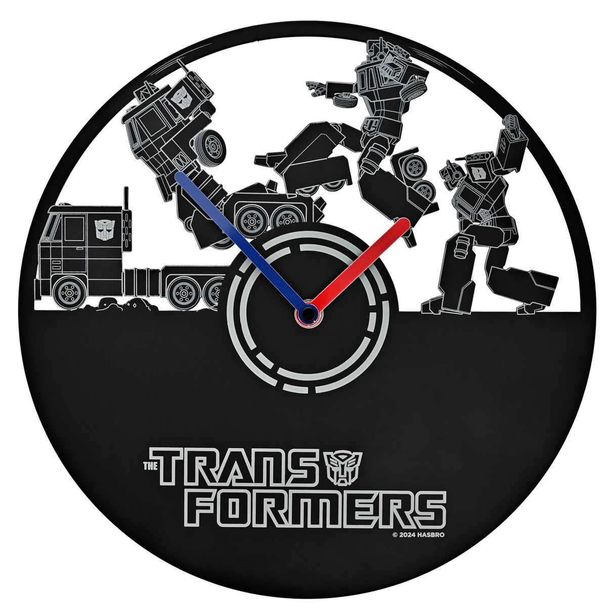 Transformers-themed wall clock with robot figures and Autobot logo.