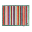 Hug Rug doormat with vertical multicolored stripes in red, pink, blue, orange, yellow and cream on a sage green border, 65cm x 85cm