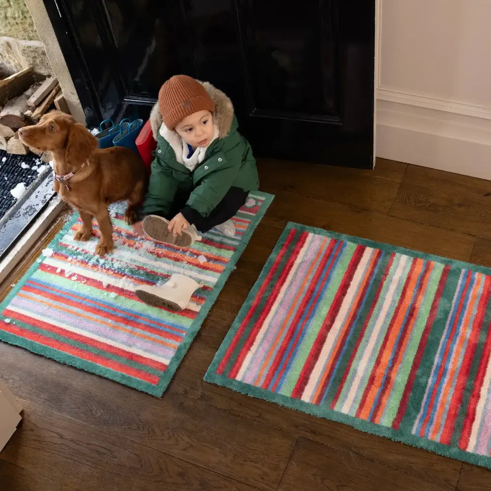 Hug Rug doormat with bright green border and multicolored vertical stripes in red, pink, blue, and cream displayed on wooden floor next to child and brown dog
