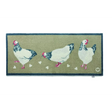 Hug Rug Runner Mat featuring four white chickens with pink combs and dark wing markings on a sage green background with navy blue border, 65cm x 150cm