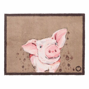 Hug Rug Farmyard Pig doormat 65cm x 85cm featuring a cute pink and white pig with large ears on a beige and brown woven textile background with dark brown border