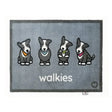 Hug Rug doormat featuring four illustrated corgi dogs wearing colorful bandanas on a grey background with white text reading "walkies" below, measuring 50cm x 75cm