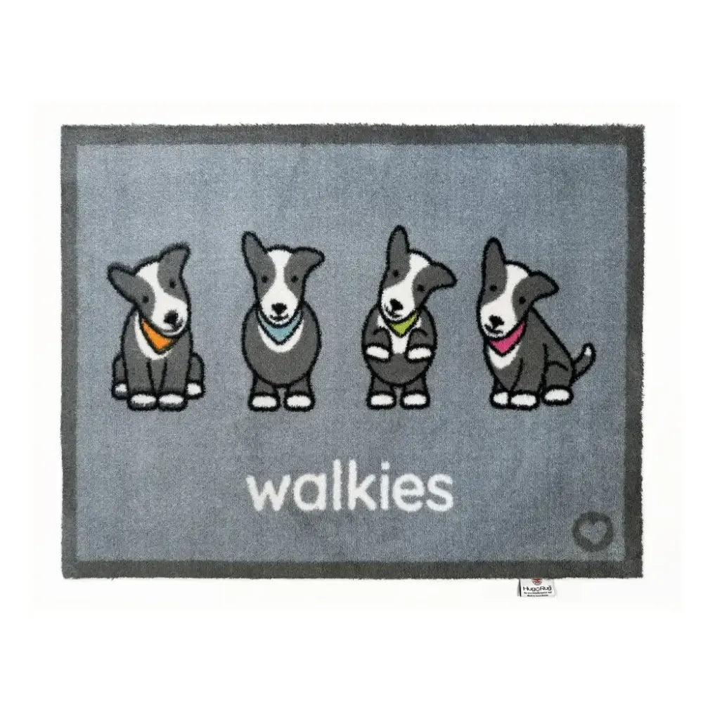Hug Rug doormat featuring four illustrated corgi dogs wearing colorful bandanas on a grey background with white text reading "walkies" below, measuring 50cm x 75cm