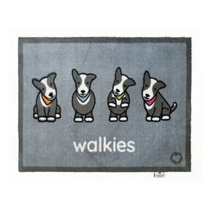 Hug Rug doormat featuring four illustrated corgi dogs wearing colorful bandanas on a grey background with white text reading "walkies" below, measuring 50cm x 75cm