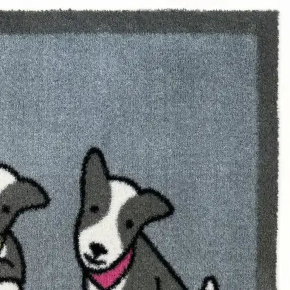 Hug Rug Herdy Walkies doormat 50cm x 75cm featuring a smiling grey and white sheep character with pink collar on grey textured background