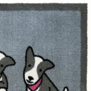 Hug Rug Herdy Walkies doormat 50cm x 75cm featuring a smiling grey and white sheep character with pink collar on grey textured background