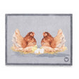 Hug Rug doormat featuring two brown hens with yellow chicks and white eggs on a grey background with grey border, 65cm x 85cm size