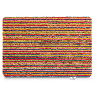 Hug Rug Candy Stripe Bright doormat 50cm x 75cm featuring multicoloured horizontal stripes in red, yellow, green and blue with textured coir surface and brand label visible in corner