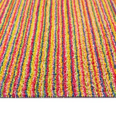 Hug Rug doormat with bright candy stripe pattern featuring vertical stripes in pink, red, yellow, green and blue, 50cm x 75cm size shown from above perspective