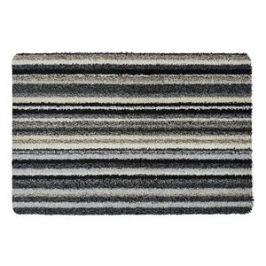 Hug Rug Candy Stripe doormat 50cm x 75cm with horizontal stripes in black, grey and cream wool pile fabric on white background