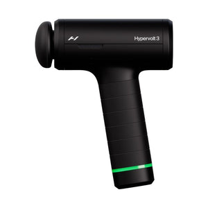 Black Hyperice Hypervolt 3 massage gun with ergonomic handle, cylindrical treatment head, and green accent band on grip