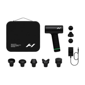 Hyperice Hypervolt 3 Pro massage gun product display showing black carrying case, handheld device with green accent band, five interchangeable massage heads, two attachment balls, power adapter and charging cable on white background