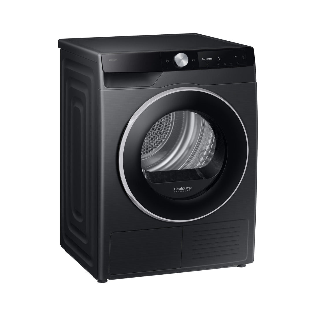 Samsung Series 6 AI Energy 9KG Heat Pump Tumble Dryer in black with silver trim, front-load design, digital display showing Eco Cotton setting, and Heatpump technology branding visible on the drum door
