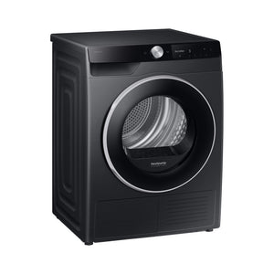 Samsung Series 6 AI Energy 9KG Heat Pump Tumble Dryer in black with silver trim, front-load design, digital display showing Eco Cotton setting, and Heatpump technology branding visible on the drum door