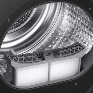 Interior view of Samsung Series 6 AI Energy heat pump tumble dryer showing stainless steel drum with diamond pattern, white lint filter, gray mesh ventilation grate and black exterior housing