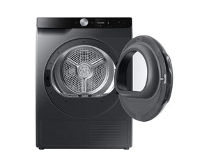 Samsung Series 6 AI Energy 9KG heat pump tumble dryer in black with open door showing stainless steel drum and perforated interior