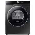 Samsung Series 6 AI Energy heat pump tumble dryer in black with 9kg capacity, featuring a large circular drum door and stainless steel ring, front-facing view showing control panel with Eco Cotton setting and digital display