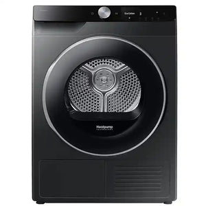 Samsung Series 6 AI Energy heat pump tumble dryer in black with 9kg capacity, featuring a large circular drum door and stainless steel ring, front-facing view showing control panel with Eco Cotton setting and digital display