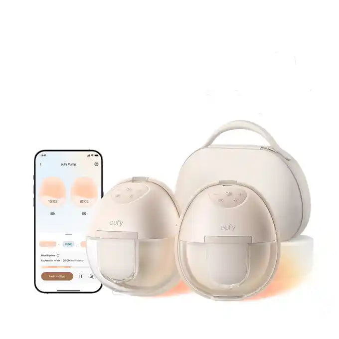 Eufy Wearable Breast Pump S1 Pro in cream white with smartphone app display showing pumping controls and timer, featuring compact hands-free design with carrying case