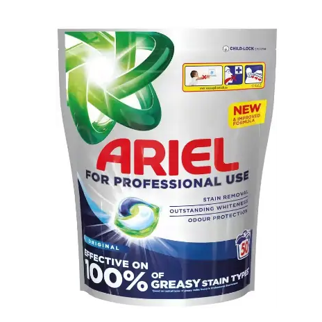 Ariel Professional All In 1 laundry pods pack featuring green and red branding with blue liquid capsules visible through transparent packaging, labeled as effective on greasy stains with 100 pack quantity for professional use