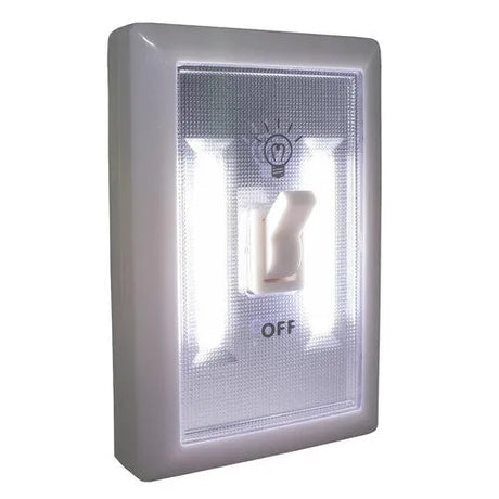 Expro COB Switch Light battery operated wall mounted light with white plastic frame gray toggle switch and illuminated LED panel featuring light bulb icon