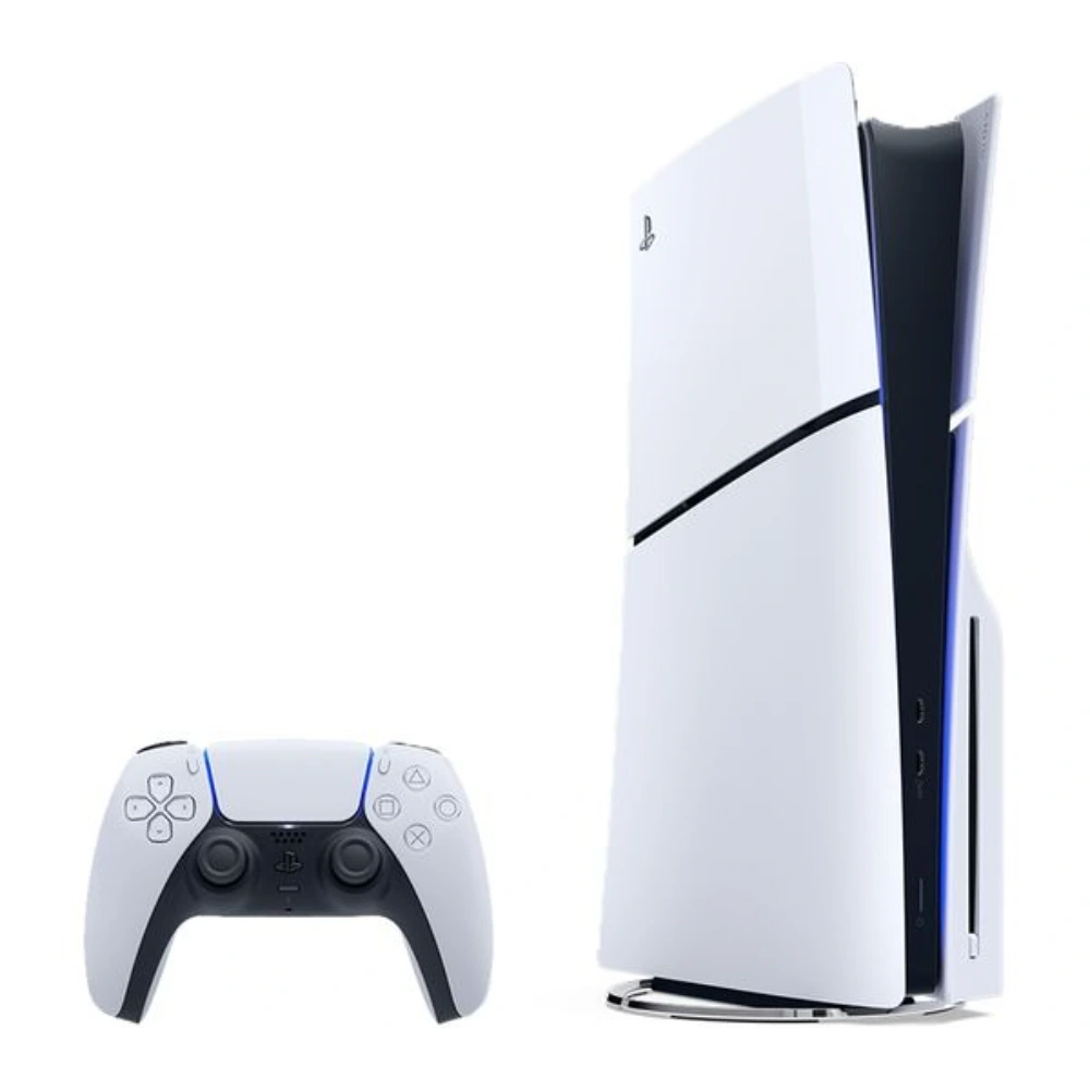 Gaming console and controller set on a white background