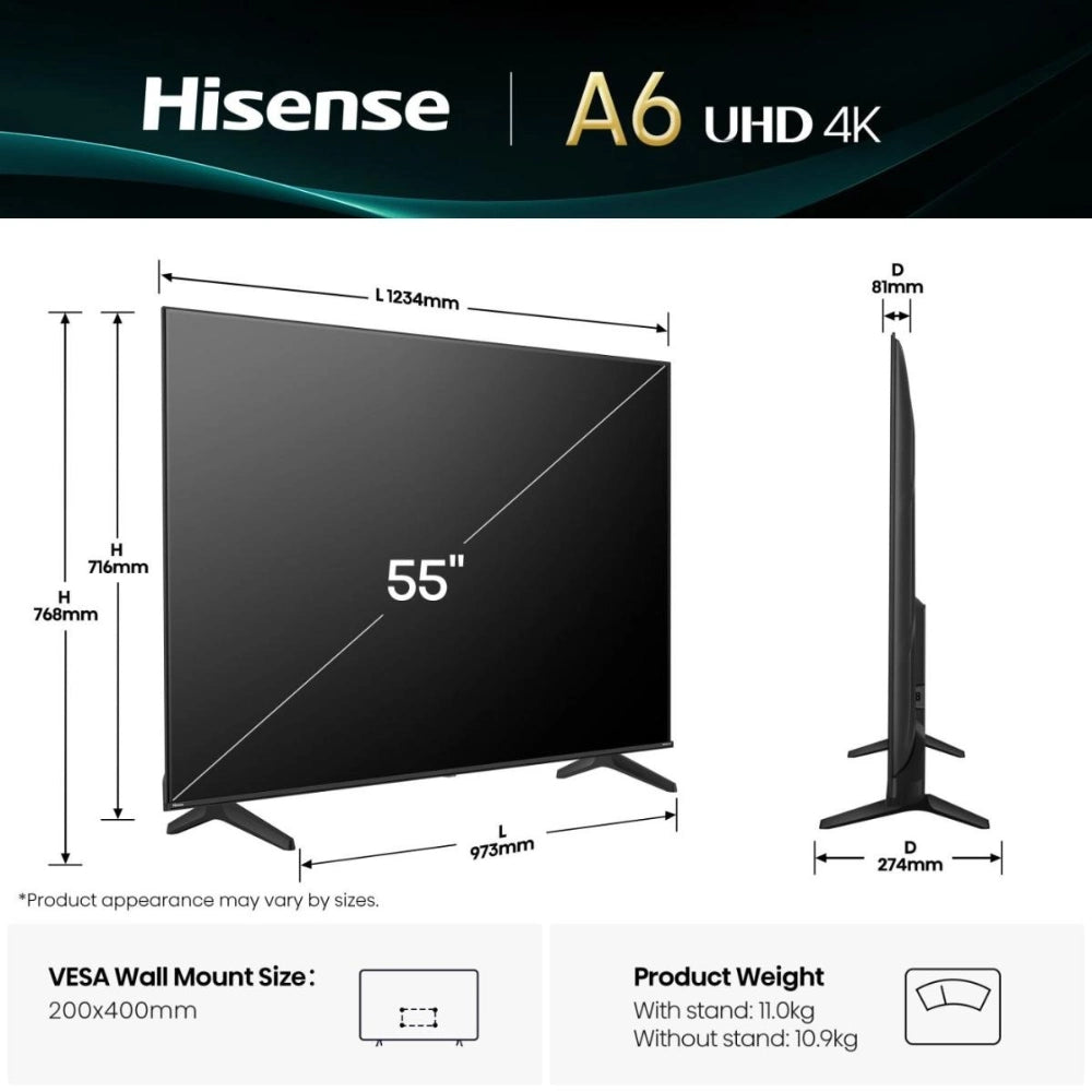 Hisense A6 UHD 4K 55 inch LED Smart TV with detailed dimension specifications showing 1234mm width, 768mm height, 973mm stand width, 81mm depth, and 11.0kg weight with stand, displayed in front and side profile views against dark background