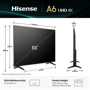 Hisense A6 UHD 4K 55 inch LED Smart TV with detailed dimension specifications showing 1234mm width, 768mm height, 973mm stand width, 81mm depth, and 11.0kg weight with stand, displayed in front and side profile views against dark background