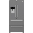 Beko HarvestFresh brushed steel 4-door American style fridge freezer with ice and water dispenser, digital display panel and stainless steel handles on white background