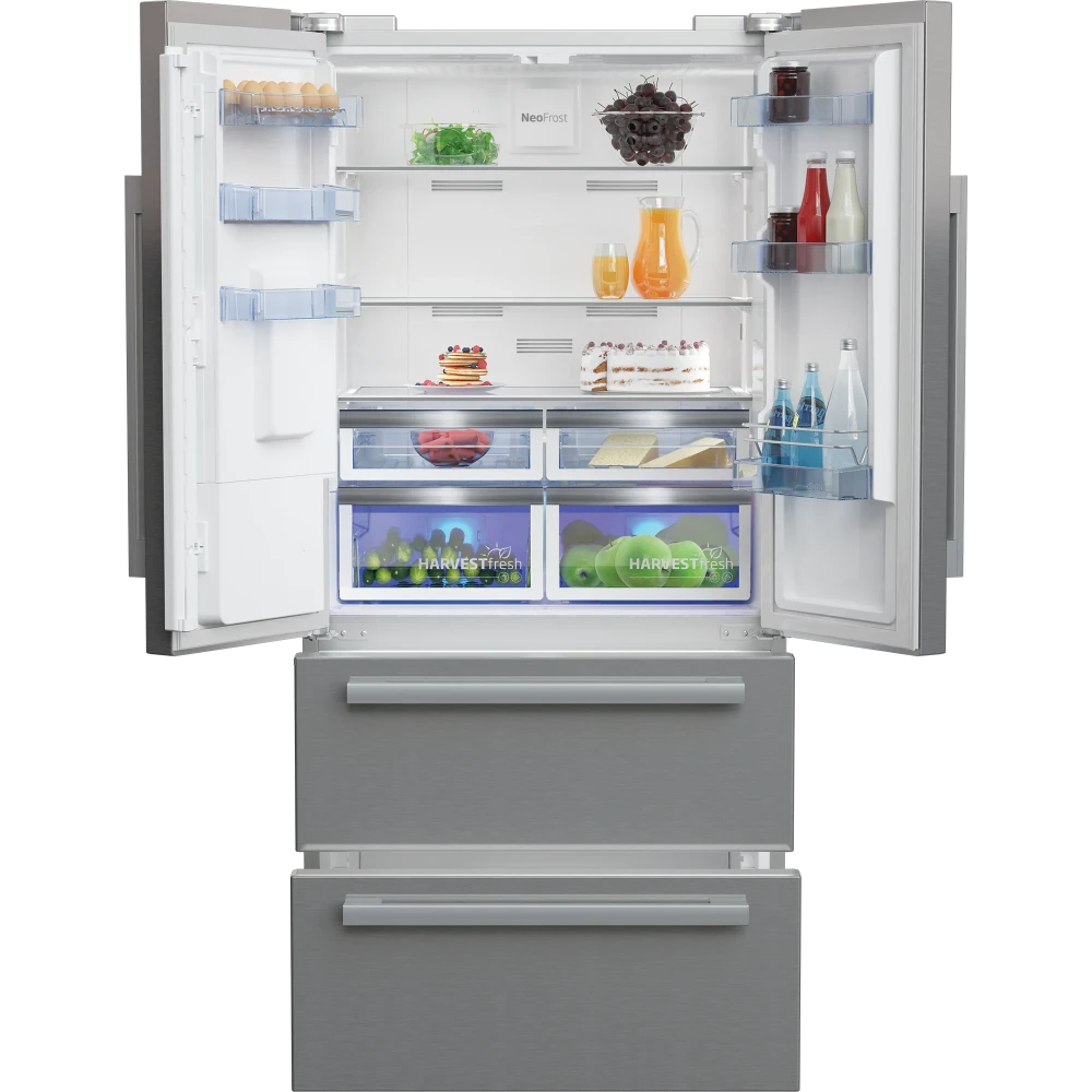 BEKO HarvestFresh 4 Door American Style Fridge Freezer - Brushed Steel | GNE460520DVPX
