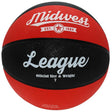 Red and black basketball with 'Midwest' and 'League' branding on a white background