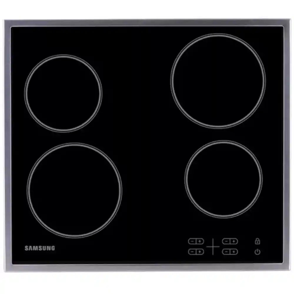 Samsung 57cm electric ceramic hob with four cooking zones on black glass surface, stainless steel frame, and touch controls on right side