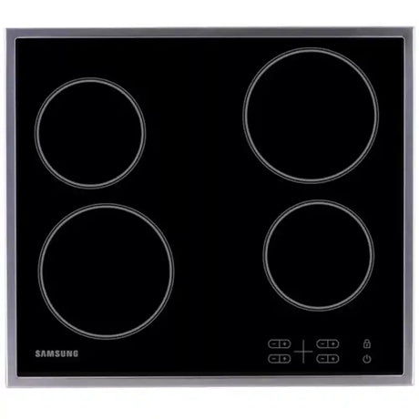 Samsung 57cm electric ceramic hob with four cooking zones on black glass surface, stainless steel frame, and touch controls on right side