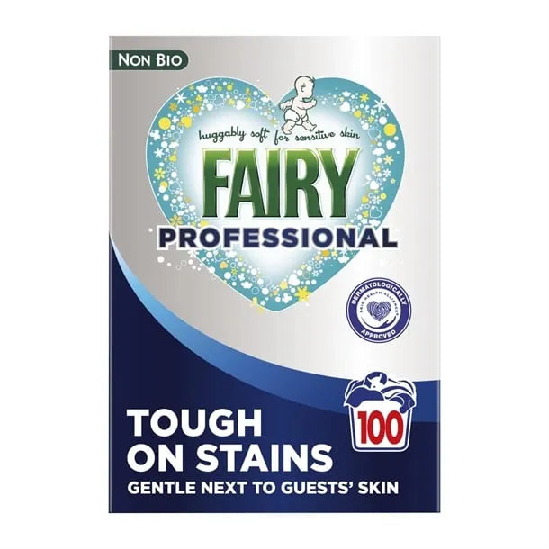 Fairy Professional Non Bio laundry washing powder 100 wash 5.5kg box with white and blue packaging featuring a heart-shaped design with flowers and text reading Tough on Stains Gentle Next to Guests' Skin
