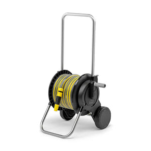 Kärcher hose trolley set with yellow and grey striped 20 metre hose wound on black reel, mounted on chrome metal frame with black wheels and yellow nozzle attachment