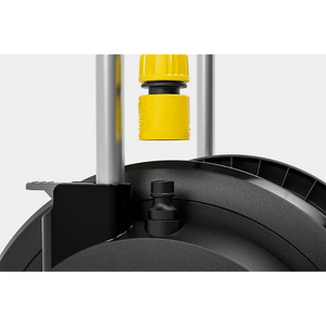 Kärcher hose trolley set with black metal base featuring yellow and black hose reel attachment and 20 metre hose with yellow nozzle kit displayed from above