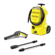 Yellow Karcher pressure washer with various nozzles on a white background