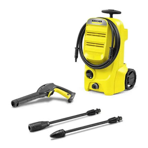 Yellow Karcher pressure washer with various nozzles on a white background
