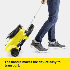 Person pulling a yellow device with a handle on a white background