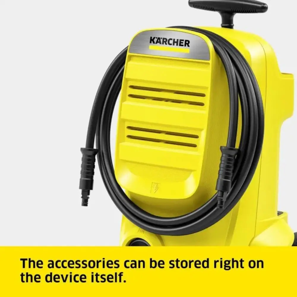 Yellow Karcher pressure washer with black hose on a white background