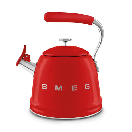 Red SMEG 50s style stovetop whistling kettle with chrome handle and spout, featuring stainless steel base and red silicone grip on curved handle