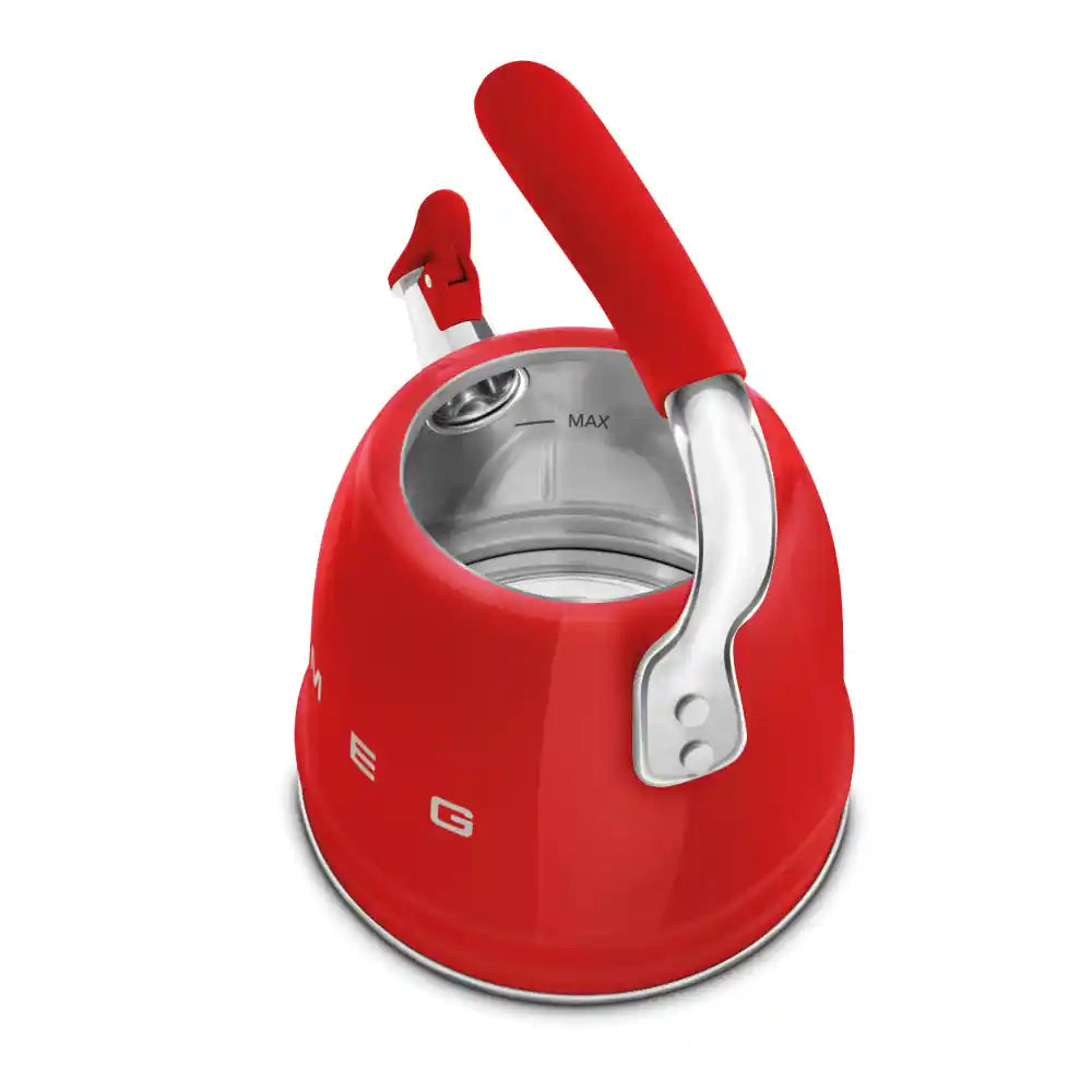 Smeg 50s Style red stovetop whistling kettle with stainless steel handle and spout, featuring chrome accents and MAX fill line indicator