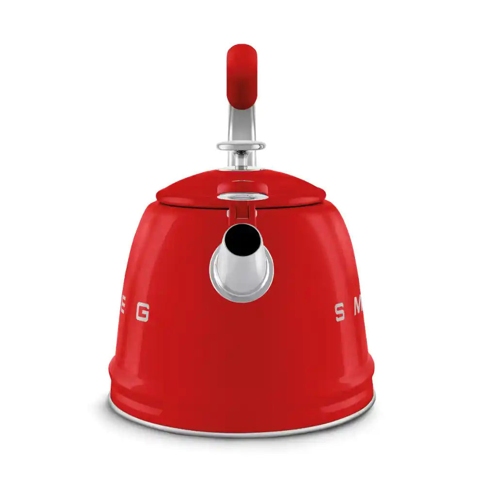 Smeg 50s Style red stovetop whistling kettle with chrome spout and handle, featuring stainless steel base and vintage retro design
