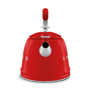 Smeg 50s Style red stovetop whistling kettle with chrome spout and handle, featuring stainless steel base and vintage retro design