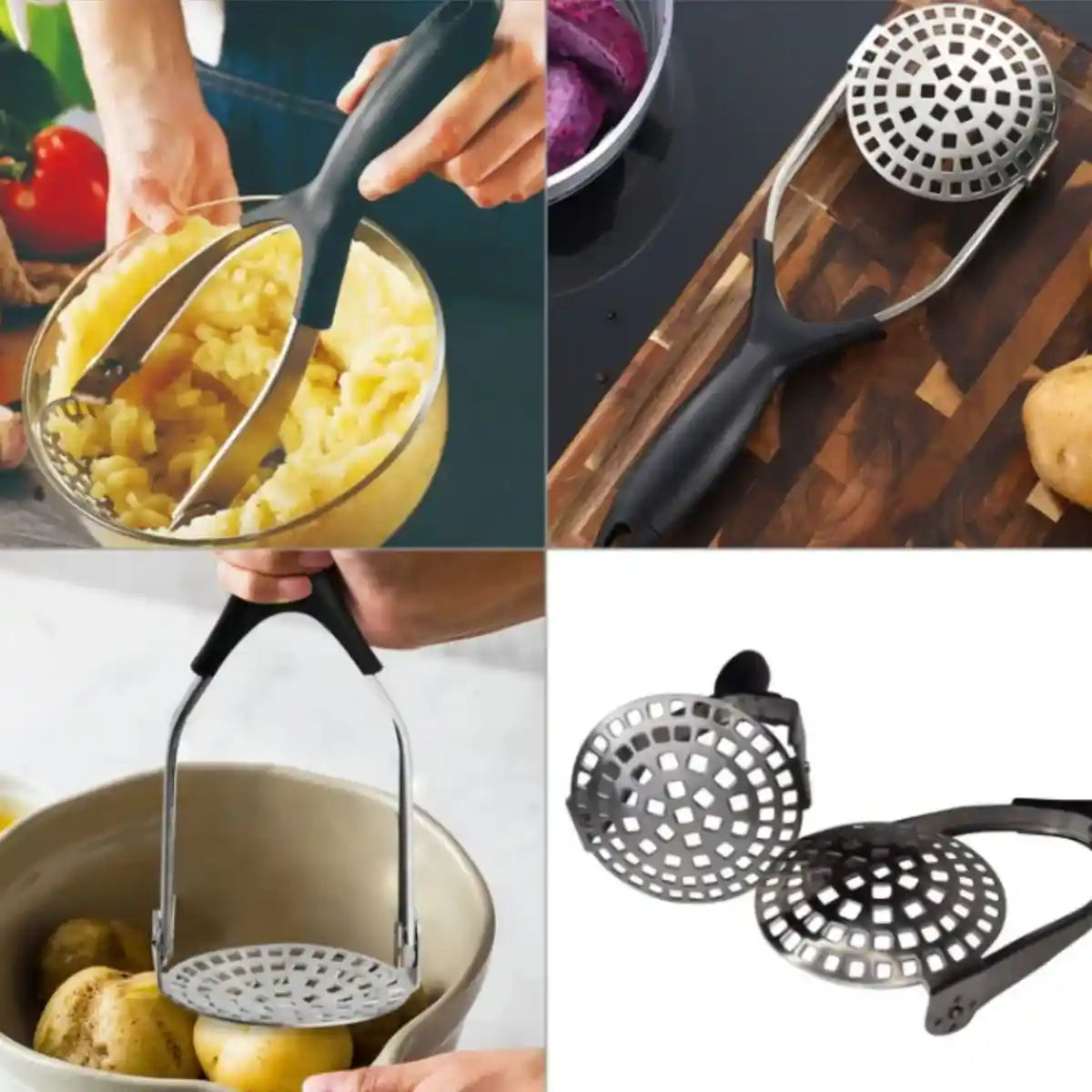Kitchen Academics folding potato masher FM8008 with black handle shown in four demonstration images: mashing cooked potatoes in a glass bowl, close-up of perforated stainless steel head, using masher in a pot of boiled potatoes, and two folded masher heads displayed separately