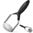 Kitchen Academics folding potato masher FM8008 with black handle and stainless steel head shown in open and closed positions against white background