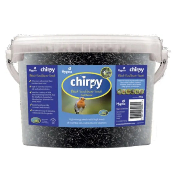 Chirpy Black Sunflower Bird Seed 3kg bucket with blue and white labeling featuring a robin bird image and product information