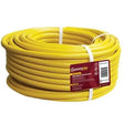 Coiled yellow reinforced garden hose 30 metre with white securing bands and Garden Pro product label on burgundy packaging tag