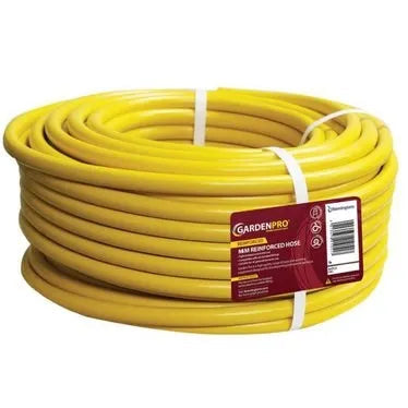 Coiled yellow reinforced garden hose 30 metre with white securing bands and Garden Pro product label on burgundy packaging tag