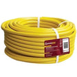 Coiled yellow reinforced garden hose 15 metres with white tie straps and Garden Pro branded label on packaging